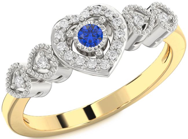 Diamond Blue Sapphire White Yellow Gold Heart Promise Ring