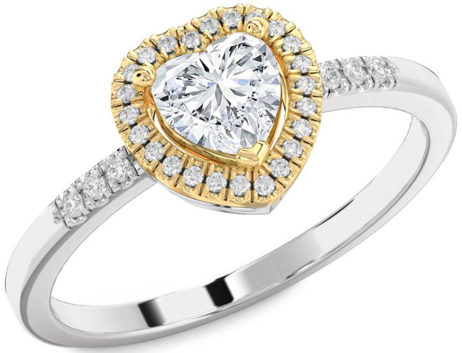 Diamond Gold Silver Heart Halo Engagement Ring