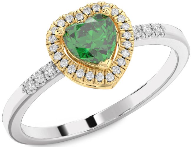 Diamond Emerald Silver & 10K gold Heart Halo Engagement Ring