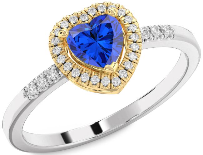 Diamond Blue Sapphire Silver & 10K gold Heart Halo Engagement Ring