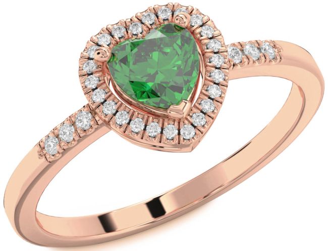 Diamond Emerald Rose Gold Heart Halo Engagement Ring