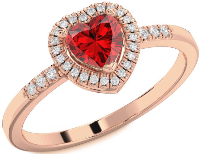 Diamond Ruby Rose Gold Silver Heart Halo Engagement Ring