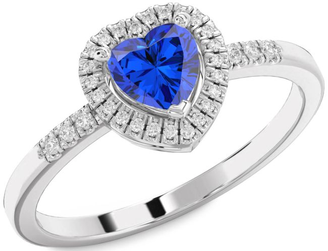 Diamond Blue Sapphire White Gold Heart Halo Engagement Ring