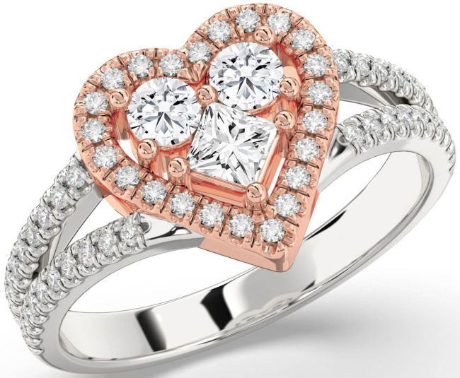 Diamond Rose Gold Silver Heart Three Stone Pave Ring