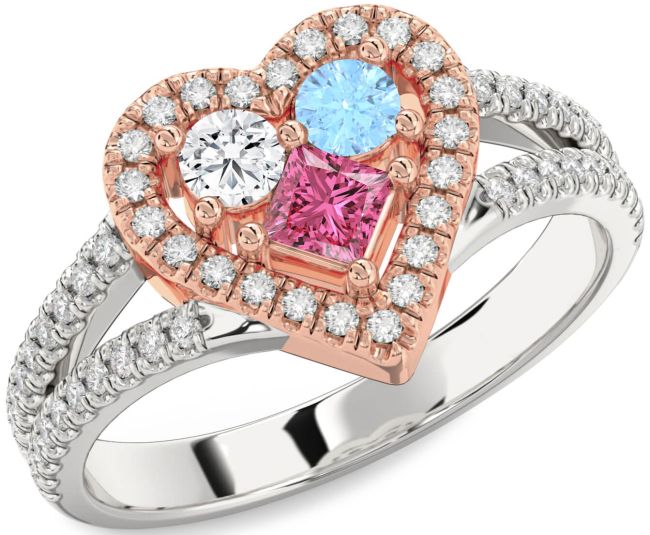 Diamond Silver & 10K Rose Gold Heart Three Stone Pave Mother's Ring