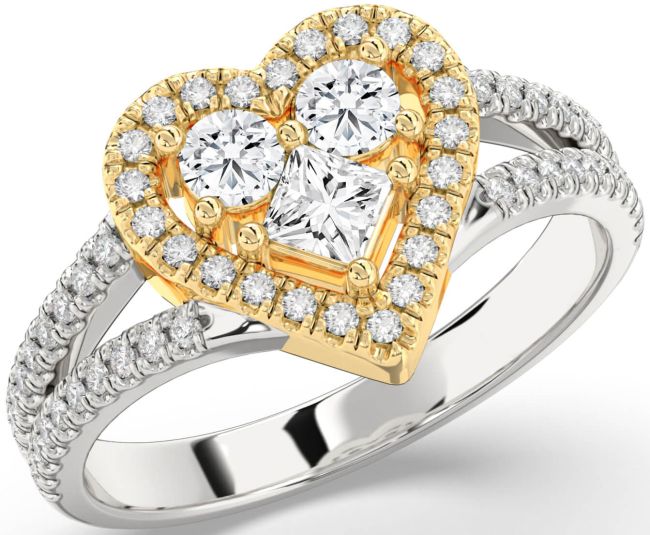 Diamond White Yellow Gold Heart Three Stone Pave Ring