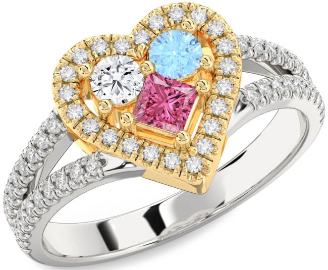 Diamond Silver & 10K gold Heart Three Stone Pave Mother's Ring