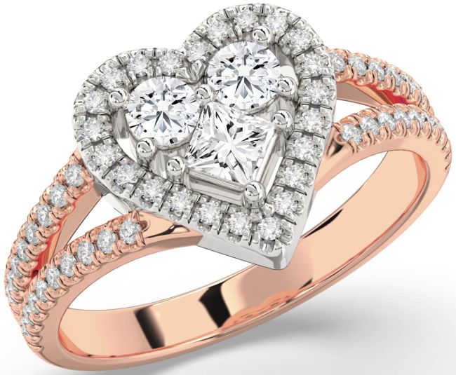 Diamond Platinum & Rose Gold Heart Three Stone Pave Ring