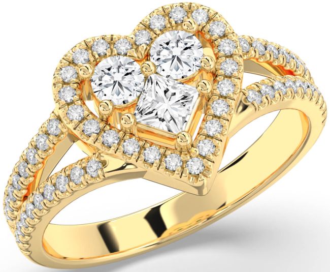 Diamond Gold Heart Three Stone Pave Ring