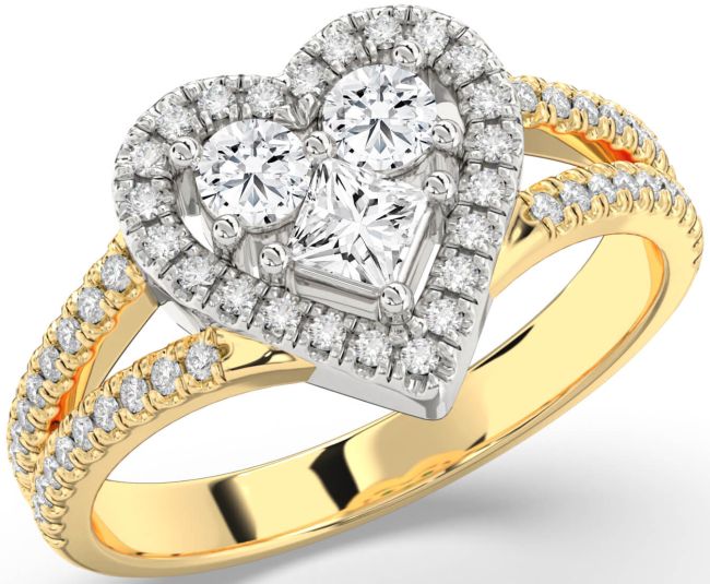 Diamond White Yellow Gold Heart Three Stone Pave Ring