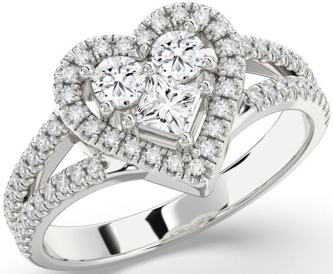 Diamond Platinum Heart Three Stone Pave Ring