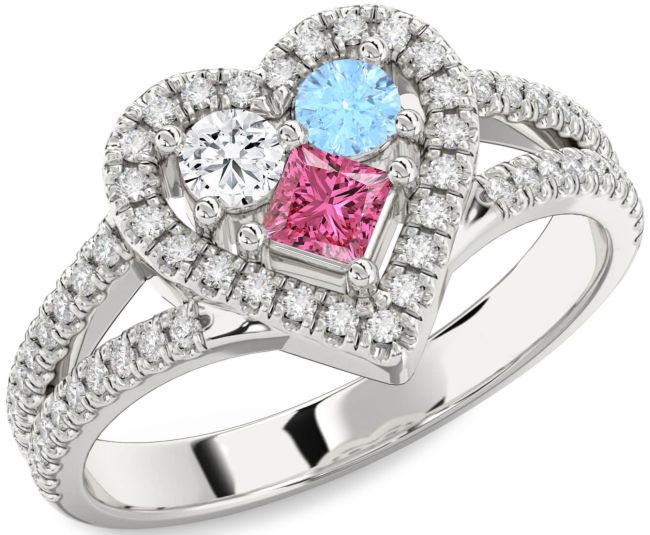 Diamond Platinum Heart Three Stone Pave Mother's Ring