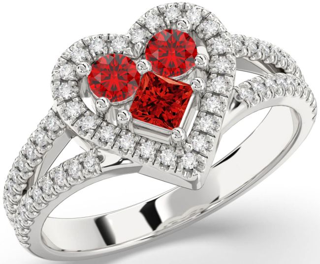 Diamond Ruby Silver Heart Three Stone Pave Birthstone Ring