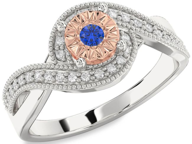 Diamond Blue Sapphire Silver & 10K Rose Gold Round Promise Ring