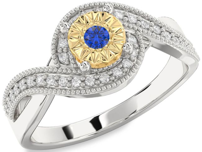 Diamond Blue Sapphire Silver & 10K gold Round Promise Ring