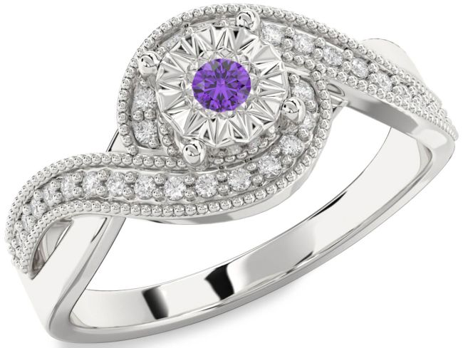 Diamond Amethyst Silver Round Promise Ring
