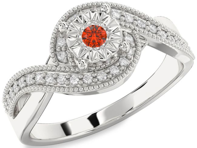 Diamond Fire Opal Silver Round Promise Ring