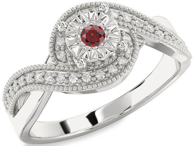Diamond Garnet Silver Round Promise Ring