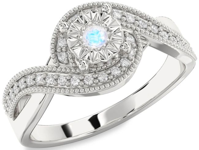 Diamond Moonstone Silver Round Promise Ring