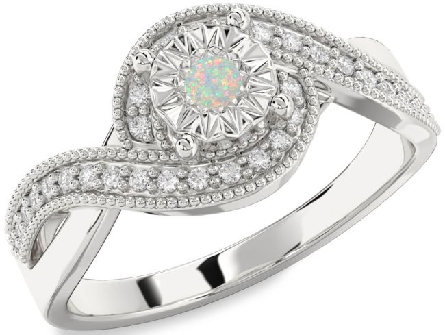 Diamond Opal Silver Round Promise Ring