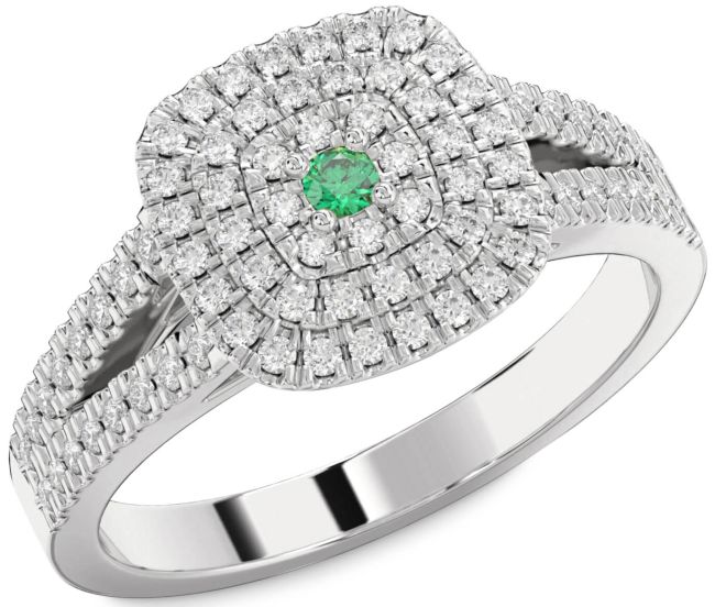 Diamond Emerald Silver Halo Round Pave Promise Ring