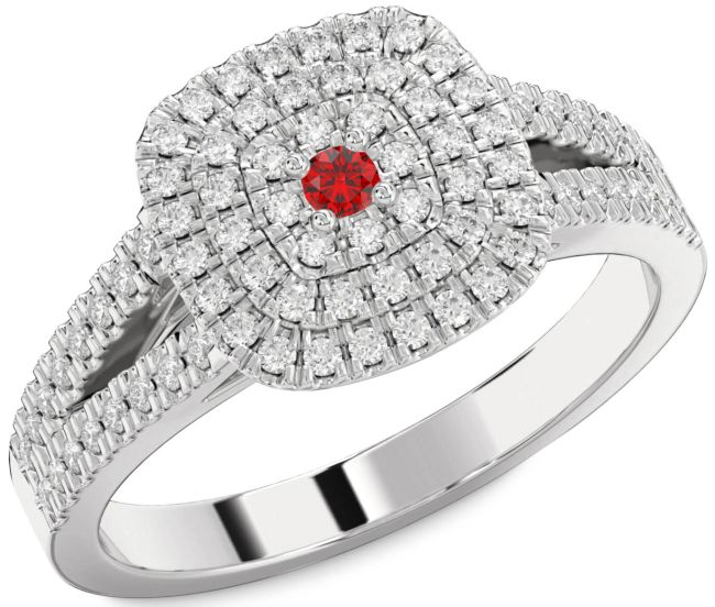 Diamond Ruby Silver Halo Round Pave Promise Ring