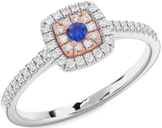 Diamond Blue Sapphire White Rose Gold Halo Round Pave Promise Ring