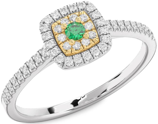 Diamond Emerald Platinum & Yellow Gold Halo Round Pave Promise Ring