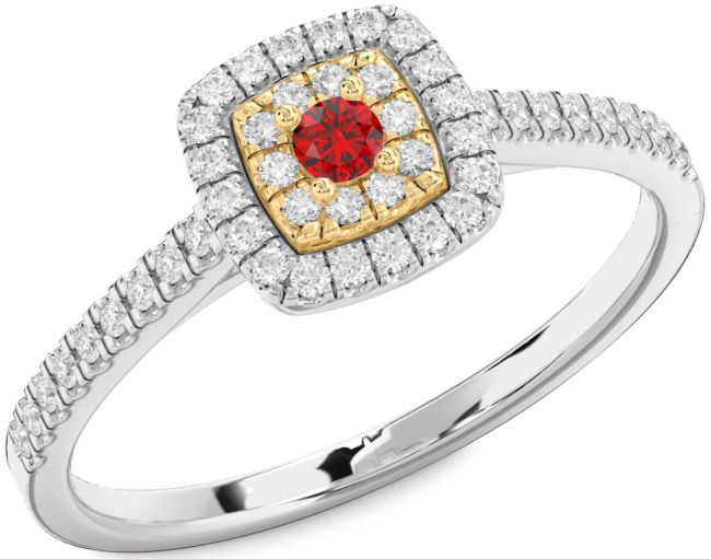 Diamond Ruby Silver & 10K gold Halo Round Pave Promise Ring