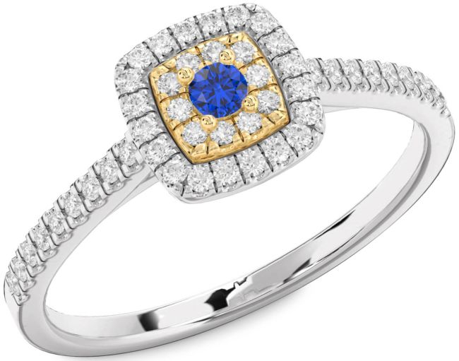 Diamond Blue Sapphire Silver & 10K gold Halo Round Pave Promise Ring