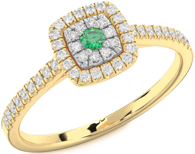 Diamond Emerald Platinum & Yellow Gold Halo Round Pave Promise Ring