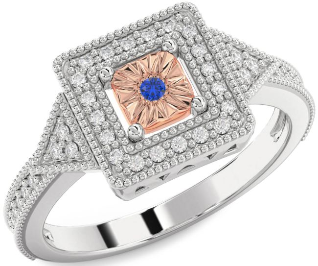 Diamond Blue Sapphire Platinum & Rose Gold Halo Round Promise Ring