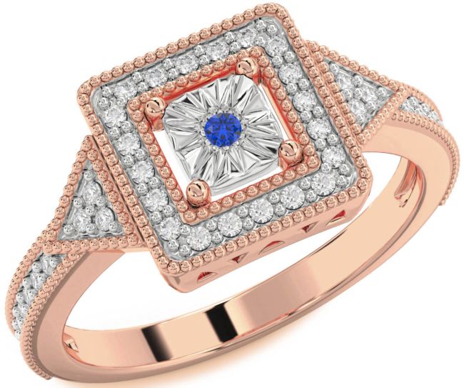Diamond Blue Sapphire White Rose Gold Halo Round Promise Ring