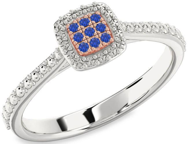 Blue Sapphire Silver & 10K Rose Gold Round Promise Ring