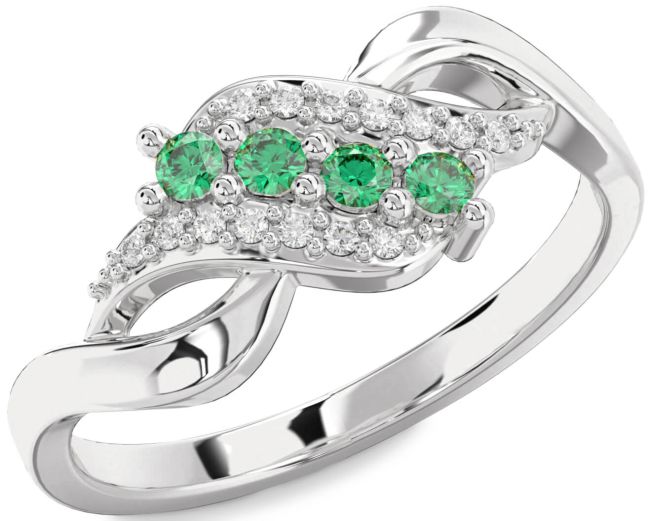 Diamond Emerald Silver Round Four Stone Birthstone Ring