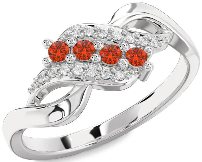 Diamond Fire Opal Silver Round Four Stone Ring