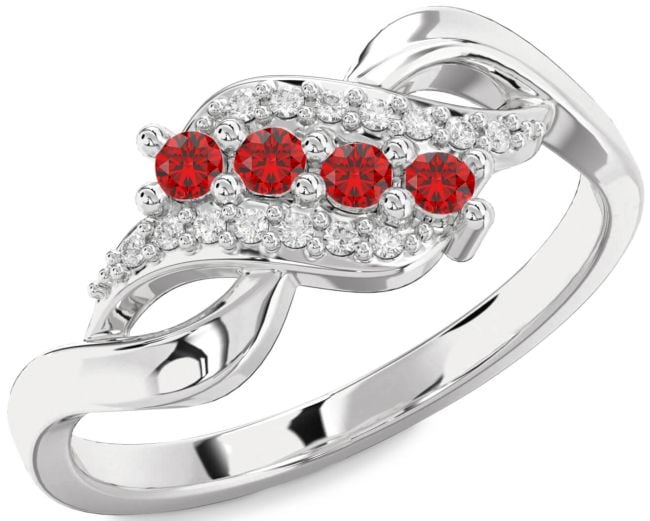 Diamond Ruby Silver Round Four Stone Birthstone Ring