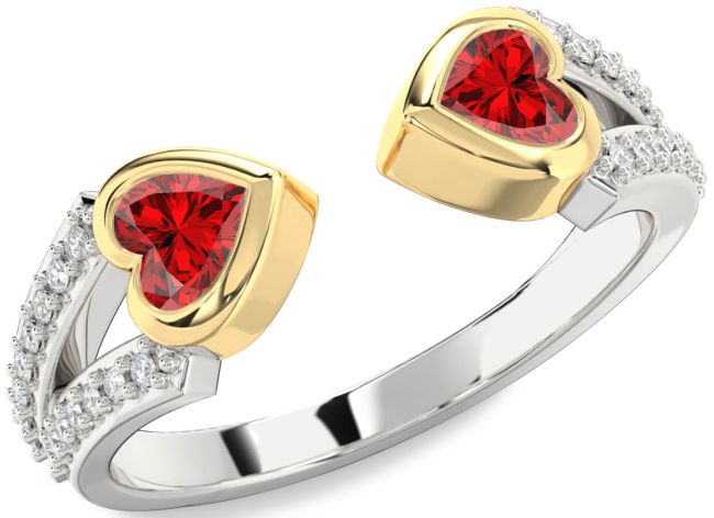 Diamond Ruby Gold Silver Two Heart Birthstone Ring