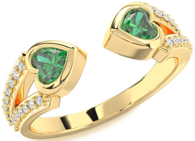 Diamond Emerald Gold Silver Two Heart Birthstone Ring