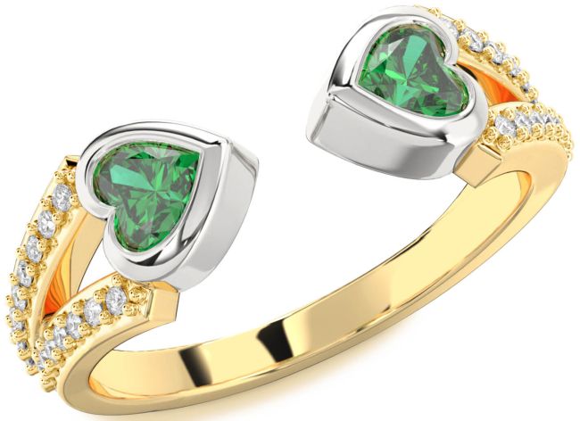 Diamond Emerald Gold Silver Two Heart Birthstone Ring