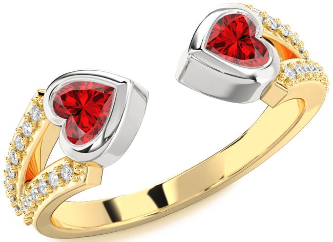 Diamond Ruby Gold Silver Two Heart Birthstone Ring