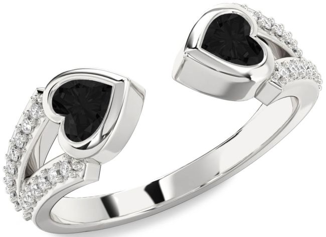 Black Diamond Silver Two Heart Ring