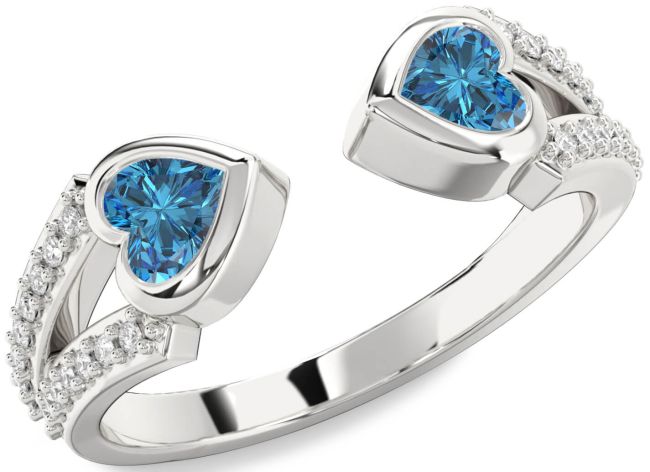 Blue Diamond Silver Two Heart Ring