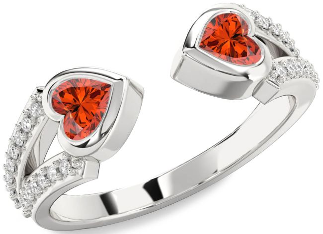 Diamond Fire Opal Silver Two Heart Ring
