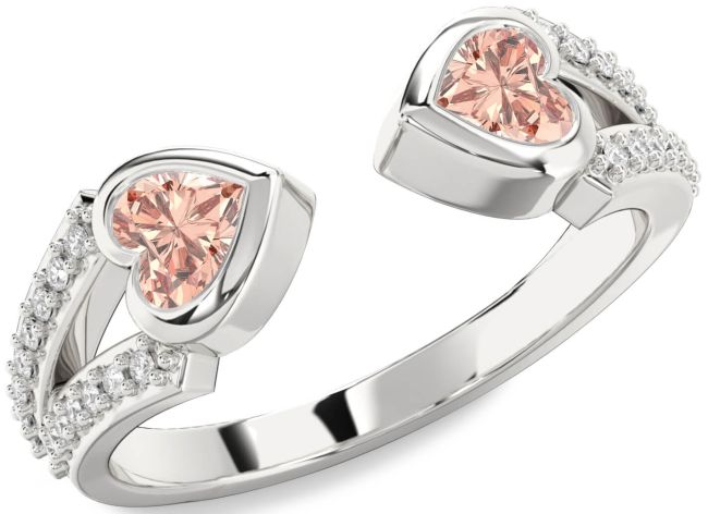Diamond Morganite Silver Two Heart Ring