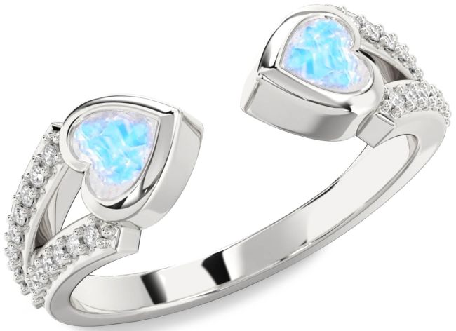 Diamond Moonstone Silver Two Heart Ring