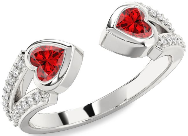 Diamond Ruby Silver Two Heart Birthstone Ring