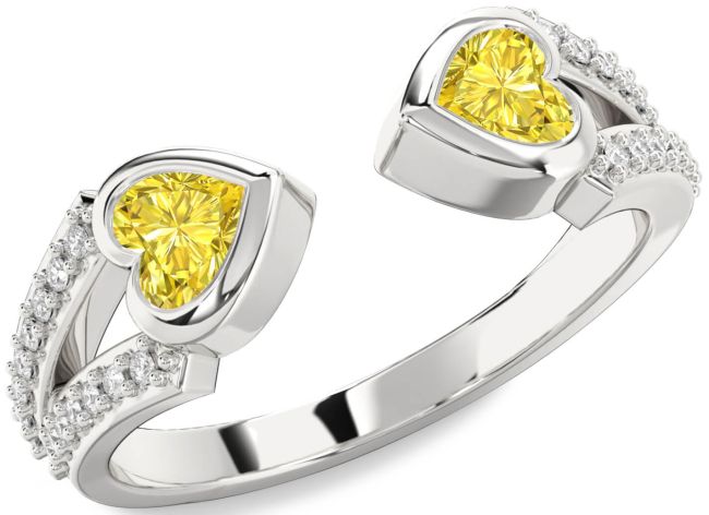 Yellow Diamond Silver Two Heart Ring