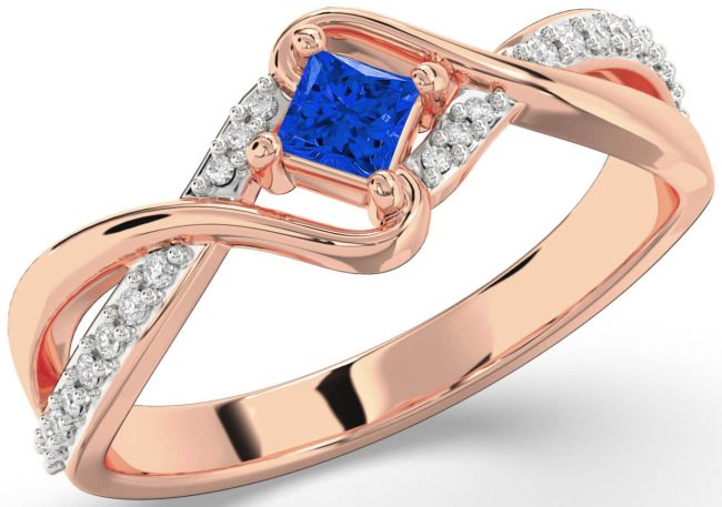 Diamond Blue Sapphire Rose Gold Silver Princess Promise Ring