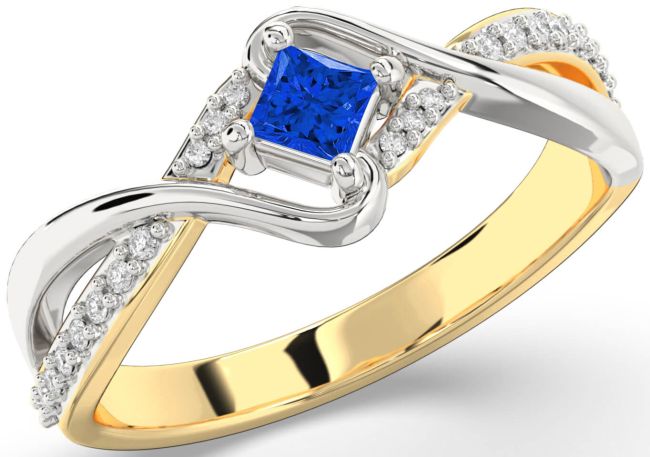 Diamond Blue Sapphire Gold Silver Princess Promise Ring